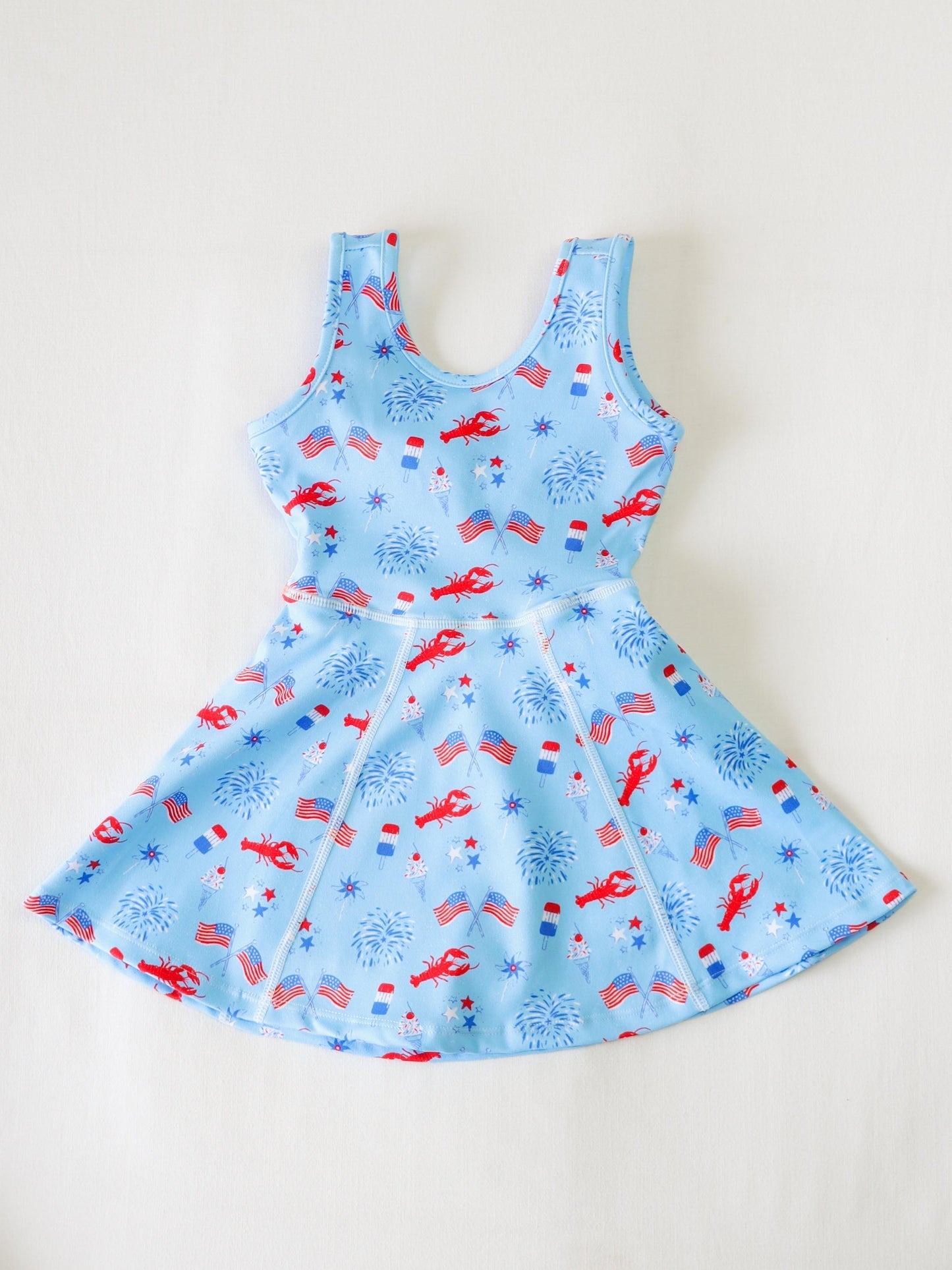 Preorder Baby Girl Sleeveless Flags 4th Of July Yoga Knee Length Dress ( Moq 5 )
