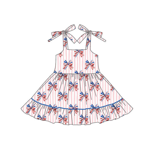 Preorder Baby Girl Straps Stripes Bows 4th Of July Knee Length Dress ( Moq 5 )