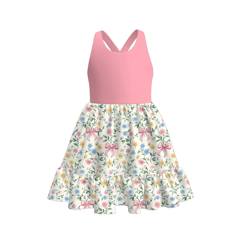 Preorder Baby Girl Sleeveless Bows Flower Knee Length Pink Dress ( Moq 5 )