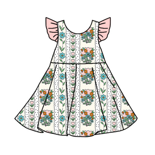 Baby Girl Short Sleeves Flower Stripes Knee Length Dress RTS