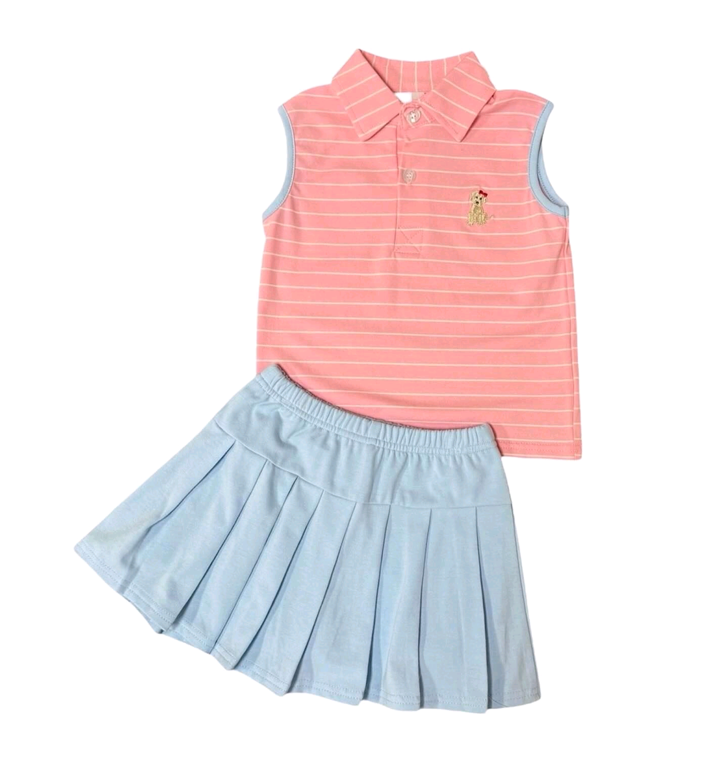 Preorder Baby Girl Sleeveless Dog Stripes Buttons Shirt Blue Skirt Set ( Moq 5 )