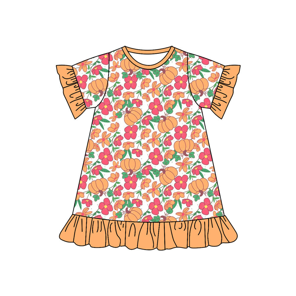 Preorder Baby Girl Short Sleeves Flower Pumpkins Knee Length Dress ( Moq 5 )
