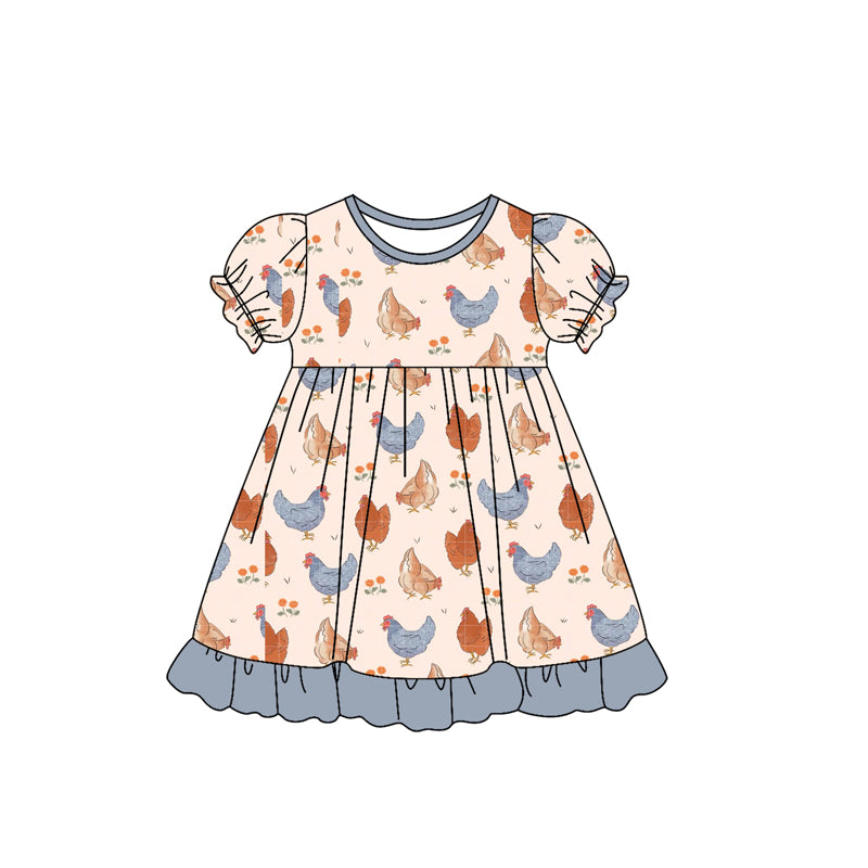 Preorder Baby Girl Short Sleeves Chicken Flower Knee Length Dress ( Moq 5 )