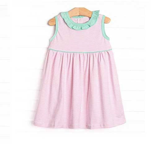 Preorder Baby Girl Sleeveless Pink Stripes Knee Length Ruffle Dress（ Moq 5 ）