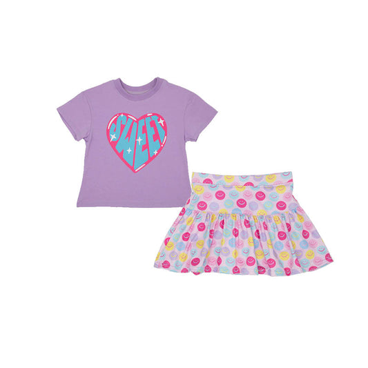 Preorder Baby Girl Purple Short Sleeves Hearts Shirt Smile Skirt Set ( Moq 5 )