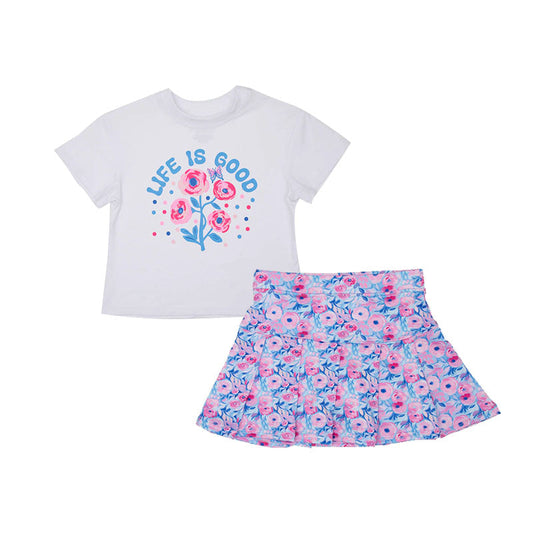 Preorder Baby Girl Short Sleeves Life Is Good Shirt Flower Skirt Set ( Moq 5 )