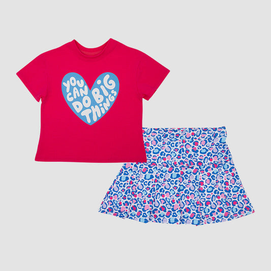 Preorder Baby Girl Short Sleeves Hearts Red Shirt Leopard Skirt Set ( Moq 5 )