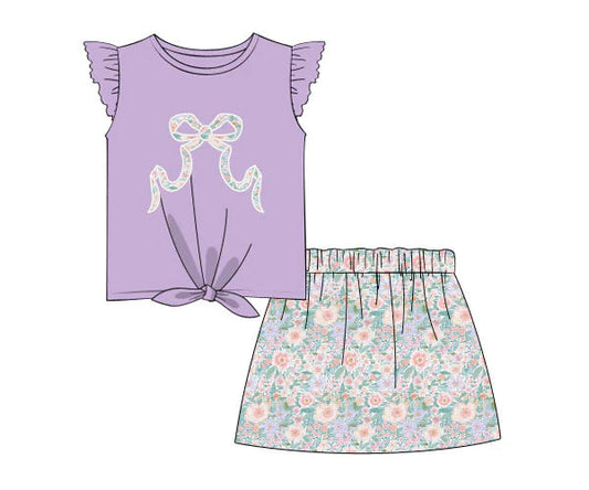 Preorder Baby Girl Short Sleeves Bow Purple Shirt Flower Skirt Set ( Moq 5 )