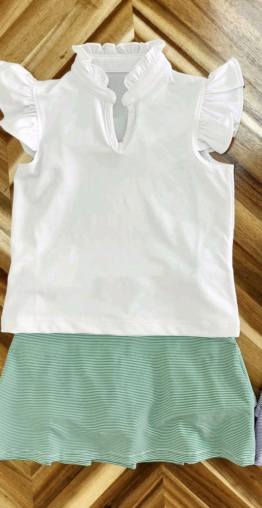 Preorder Baby Girl White Flutter Sleeves Shirt Stripes Skirt Set ( Moq 5 )