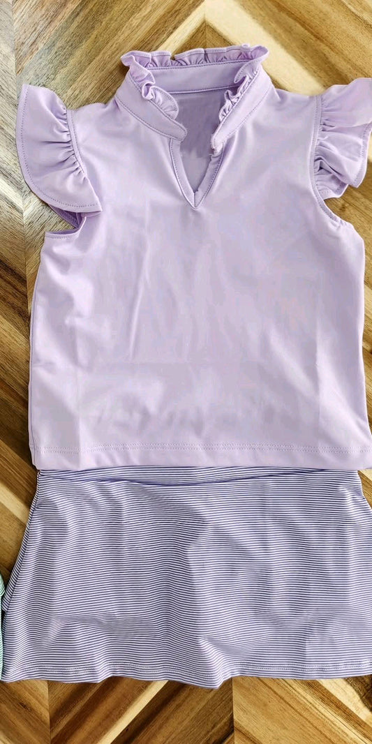 Preorder Baby Girl Purple Flutter Sleeves Shirt Stripes Skirt Set ( Moq 5 )