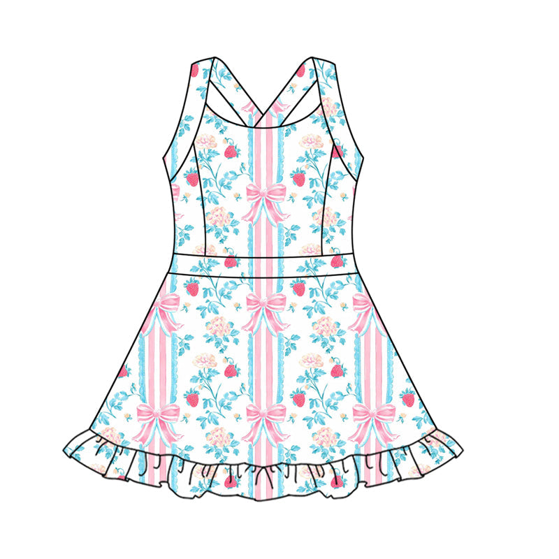 ( Moq 5 )  Preorder Baby Girl Straps Floral Bows Activity Wear Yoga Knee Length Dress