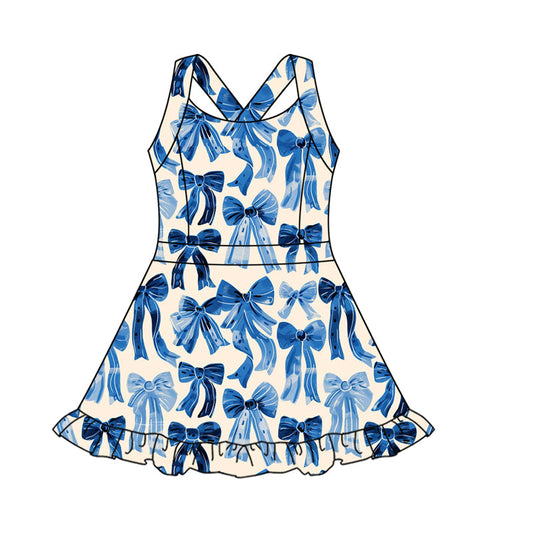 ( Moq 5 ) Preorder Baby Girl Straps Blue Bows Activity Wear Yoga Knee Length Dress