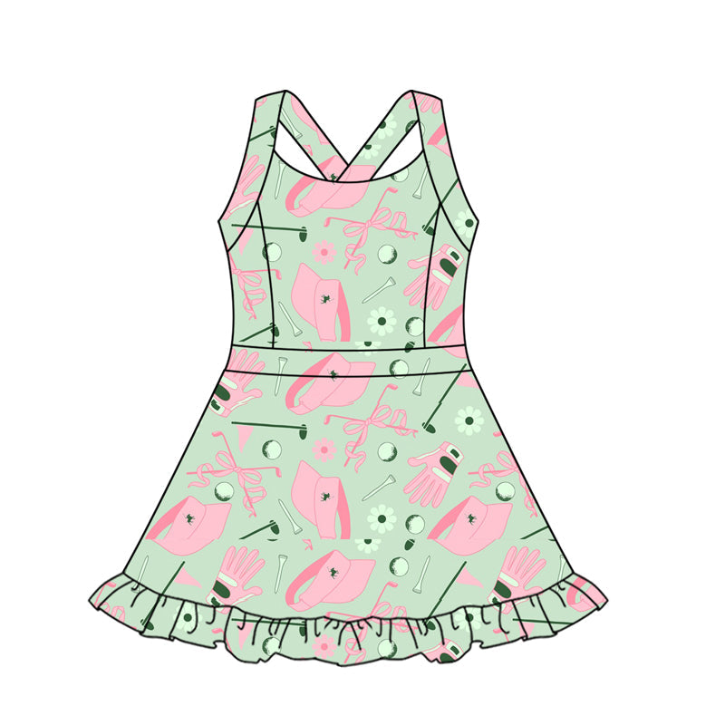 ( Moq 5 )  Preorder Baby Girl Straps Green Golf Hats Activity Wear Yoga Knee Length Dress