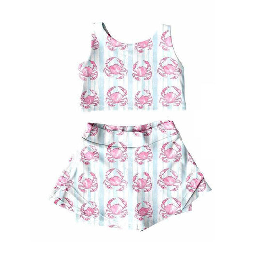( Moq 5 ) Preorder Baby Girl Sleeveless Crabs Vest Tops Skorts Yoga Active Set