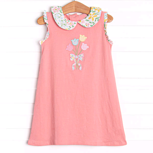 ( Moq 5 ) Preorder Baby Girl Pink Sleeveless Flower Knee Length Dress