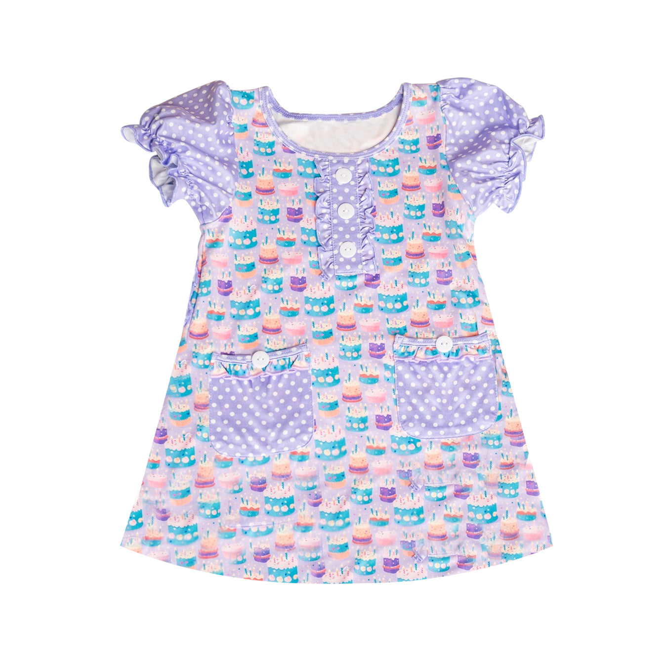 ( Moq 5 ) Preorder Baby Girl Lavender Dots Birthday Cakes Pockets Knee Length Dress