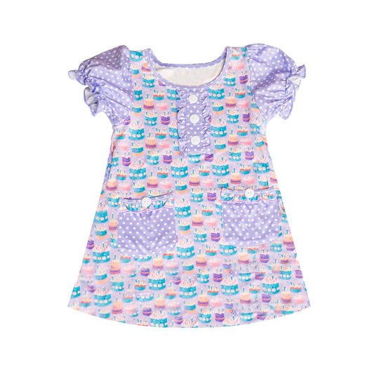 ( Moq 5 ) Preorder Baby Girl Lavender Dots Birthday Cakes Pockets Knee Length Dress