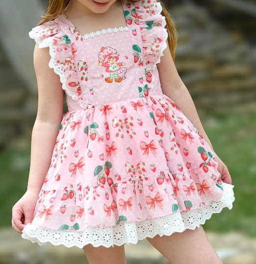 ( Moq 5 ) Preorder Baby Girl Kids Short Sleeves Strawberry Bows Knee Length Pink Dress