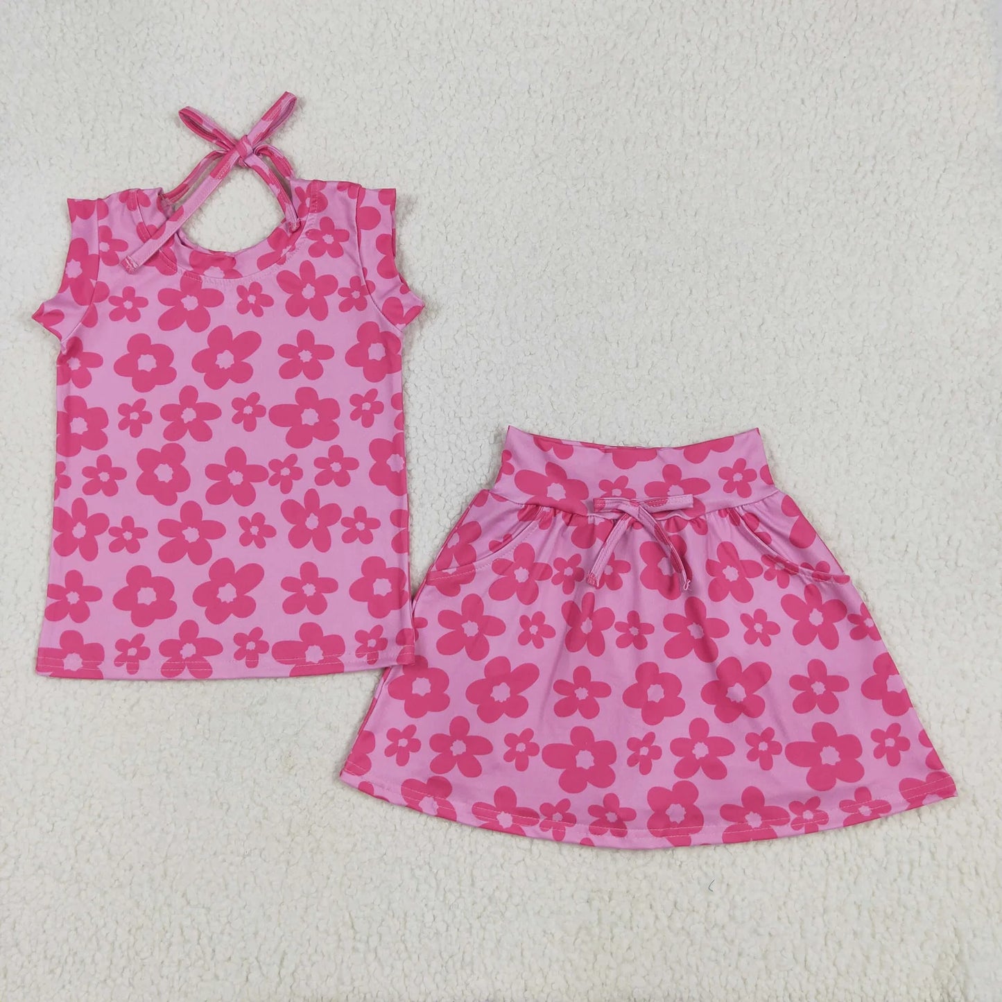 Baby Girl Sleeveless Flower Checked Tops Pockets Skort Pink Set Sibling Summer Clothes RTS