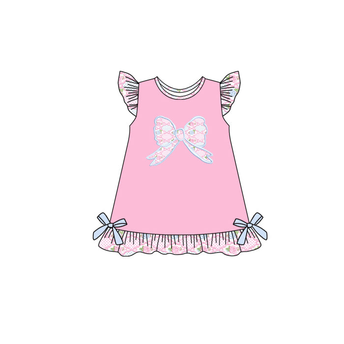 ( Moq 5 ) Preorder Baby Girl Short Sleeves Flower Bows Ruffle Knee Length Pink Dress