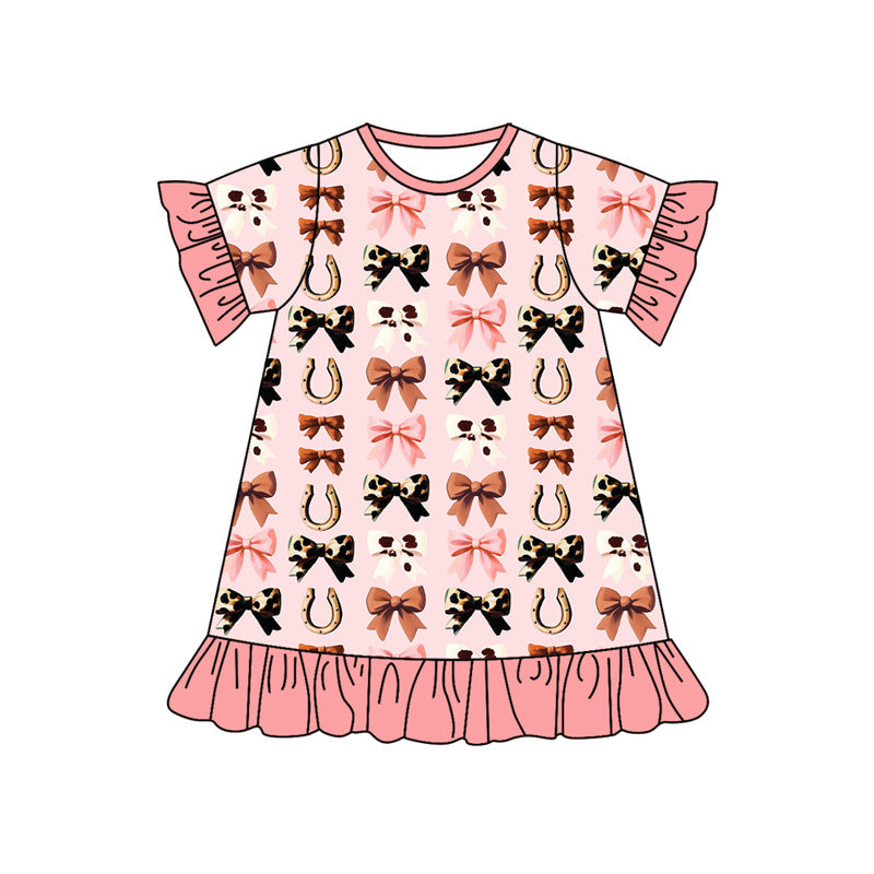 ( Moq 5 ) Preorder Baby Girl Short Sleeves Western Bows Ruffle Knee Length Dress