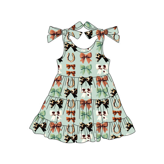 ( Moq 5 ) Preorder Baby Girl Straps Western Bows Knee Length Green Dress