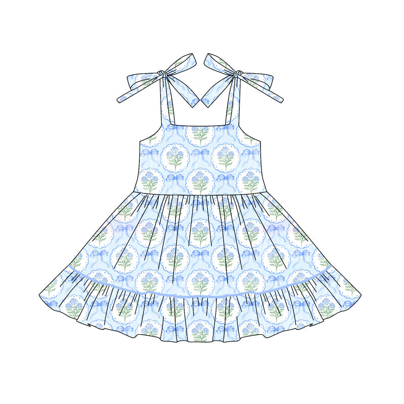 ( Moq 5 ) Preorder Baby Girl Blue Straps Bows Flower Knee Length Dress