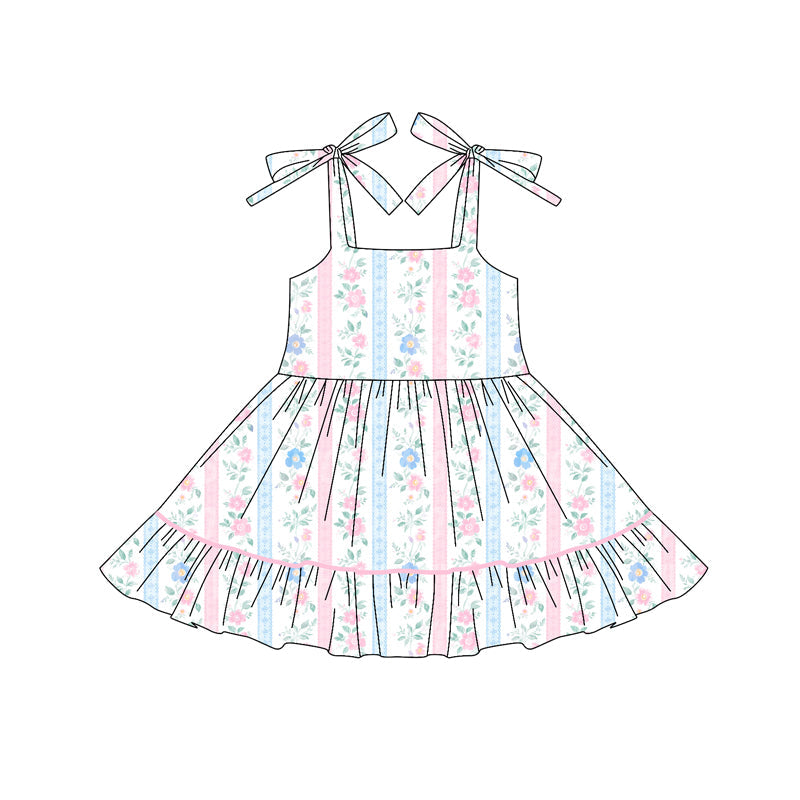( Moq 5 ) Preorder Baby Girl Straps Flower Stripes Ruffle Knee Length Dress