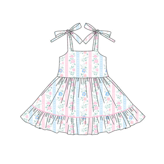 ( Moq 5 ) Preorder Baby Girl Straps Flower Stripes Ruffle Knee Length Dress