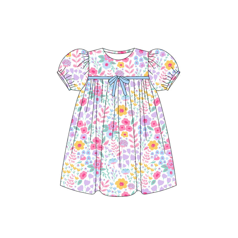 ( Moq 5 ) Preorder Baby Girl Short Sleeves Floral Bow Knee Length Dress