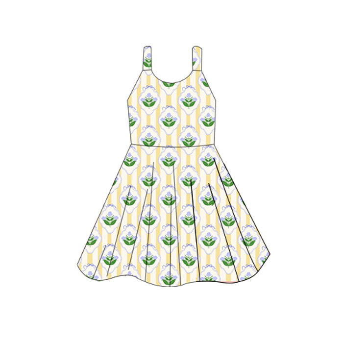 ( Moq 5 ) Preorder Baby Girl Sleeveless Stripes Flower Knee Length Dress