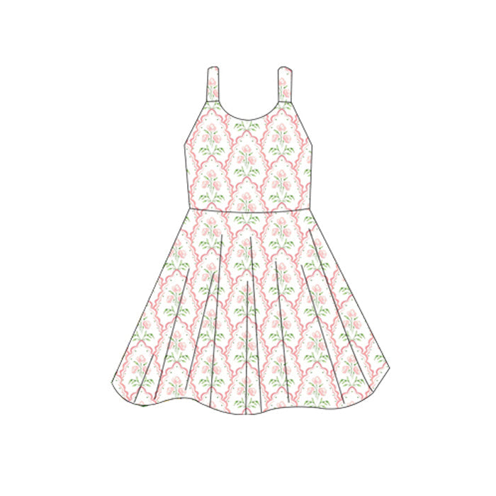 ( Moq 5 ) Preorder Baby Girl Sleeveless Pink Flower  Knee Length Dress