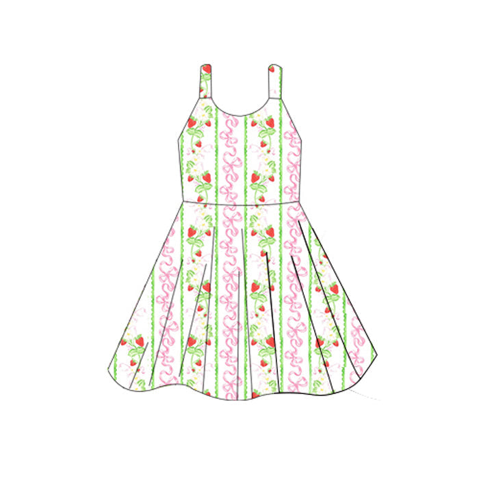 ( Moq 5 ) Preorder Baby Girl Sleeveless Bows Strawberry Knee Length Dress