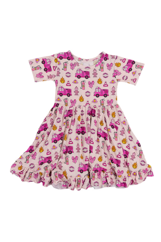 ( Moq 5 ) Preorder Baby Girl Short Sleeves Bows Trucks Knee Length Ruffle Dress