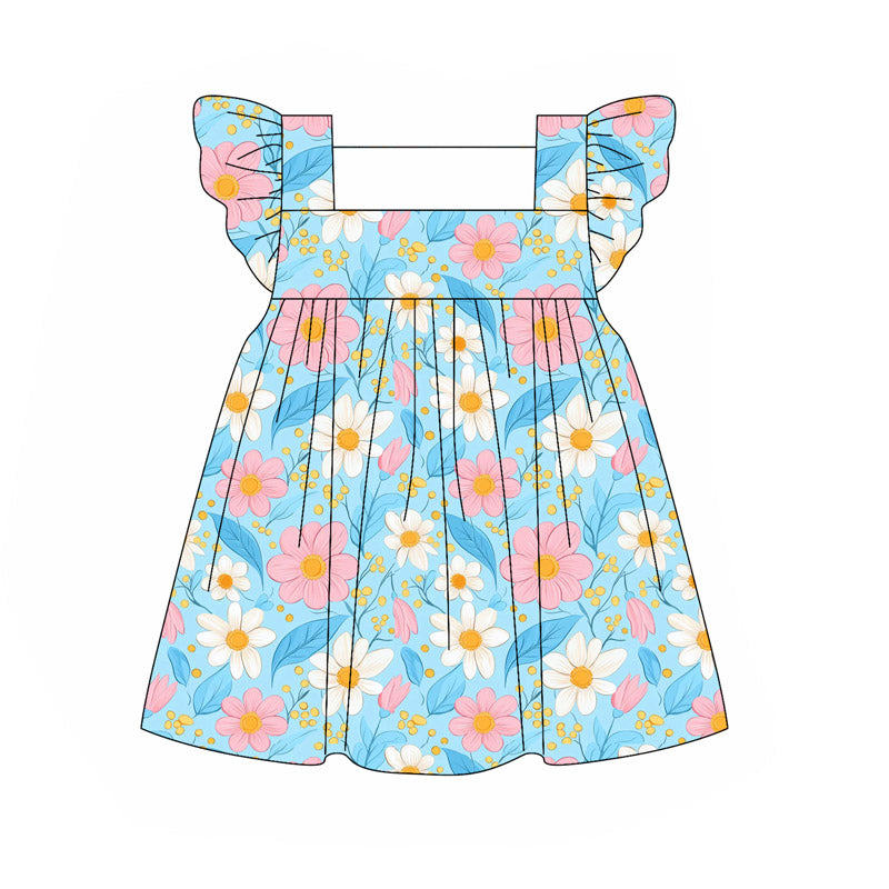 ( Moq 5 ) Preorder Baby Girl Short Sleeves Flower Knee Length Blue Dress