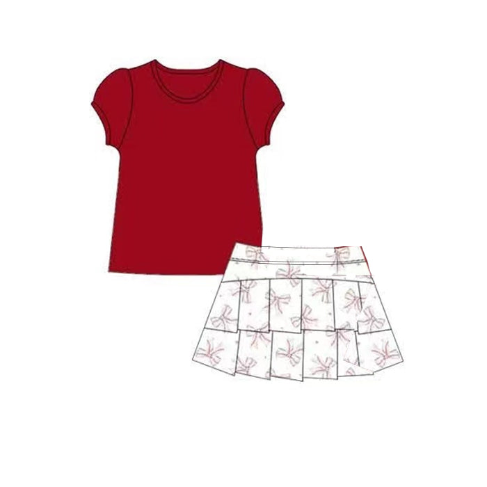 ( Moq 5 ) Preorder Baby Girl Red Short Sleeves Shirt Tops Bows Skort Yoga Active Set