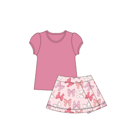 ( Moq 5 ) Preorder Baby Girl Pink Short Sleeves Shirt Bows Skort Active Yoga Set