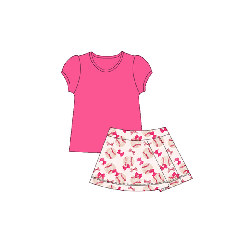 ( Moq 5 ) Preorder Baby Girl Pink Short Sleeves Shirt Bows Baseball Skort Yoga Active Set