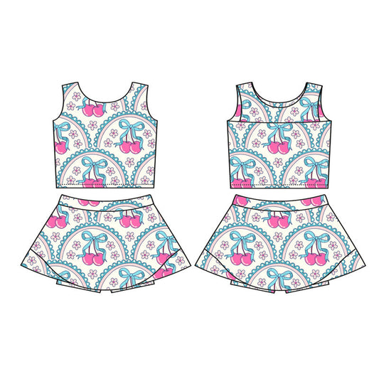 ( Moq 5 ) Preorder Baby Girl Sleeveless Flower Bows Cherry Vest Tops Short Skirt Skort Yoga Set