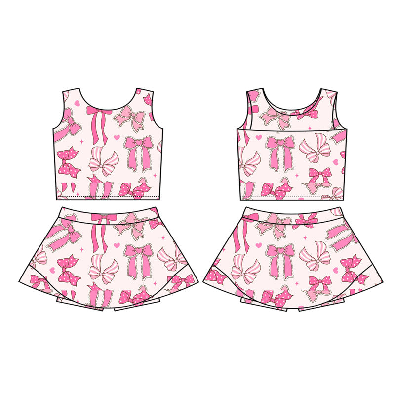 ( Moq 5 ) Preorder Baby Girl Sleeveless Pink Bows Hearts Vest Tops Shorts Skort Yoga Active Set