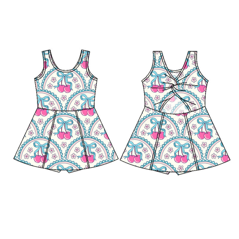 ( Moq 5 ) Preorder Baby Girl Sleeveless Flower Bows Cherry Yoga Active Skort Dress