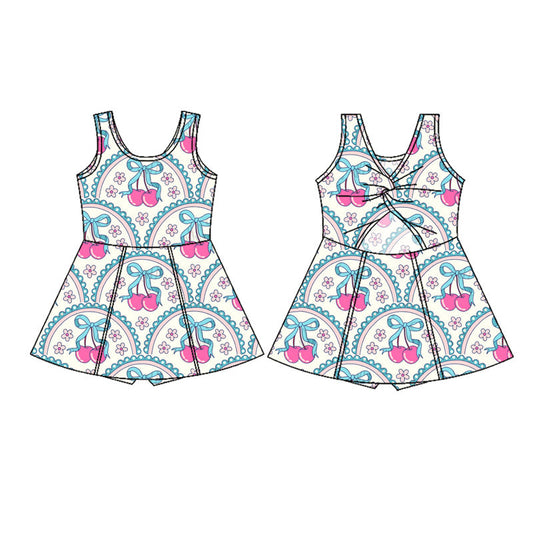 ( Moq 5 ) Preorder Baby Girl Sleeveless Flower Bows Cherry Yoga Active Skort Dress