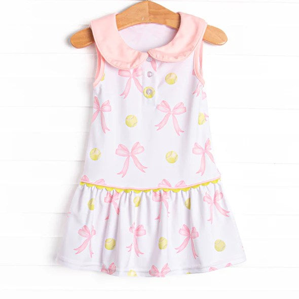 ( Moq 5 ) Preorder Baby Girl Sleeveless Softball Bows Buttons Ruffle Knee Length Dress