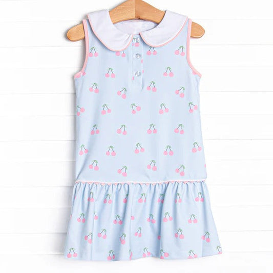 ( Moq 5 ) Preorder Baby Girl Sleeveless Cherry Blue Ruffle Knee Length Dress
