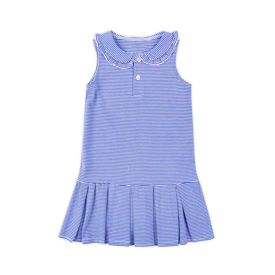 ( Moq 5 ) Preorder Baby Girl Sleeveless Blue Stripes Buttons Ruffle Knee Length Dress