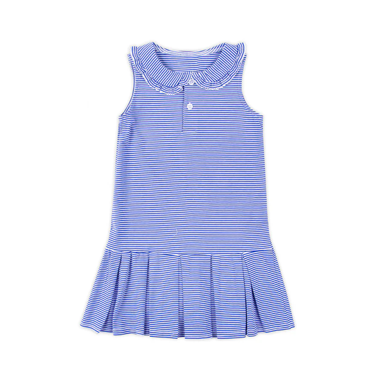 ( Moq 5 ) Preorder Baby Girl Sleeveless Blue Stripes Buttons Ruffle Knee Length Dress