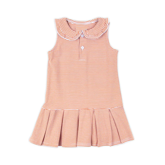 ( Moq 5 ) Preorder Baby Girl Sleeveless Orange Stripes Buttons Ruffle Knee Length Dress