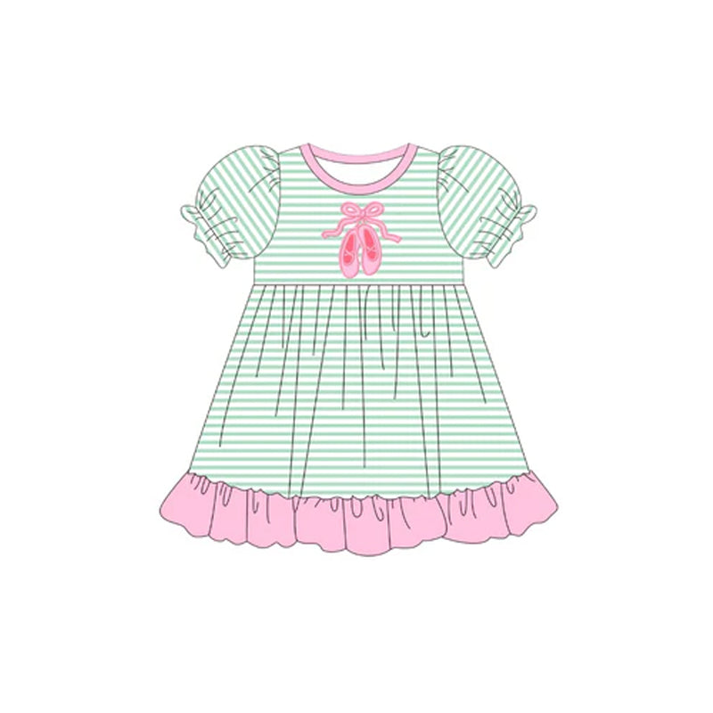 ( Moq 5 ) Preorder Baby Girl Short Sleeves Bow Shoes Stripes Knee Length Dress