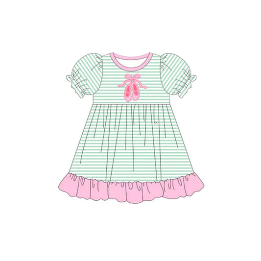 ( Moq 5 ) Preorder Baby Girl Short Sleeves Bow Shoes Stripes Knee Length Dress