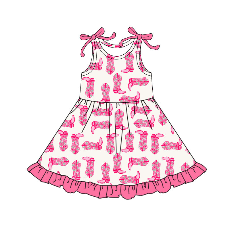 ( Moq 5 ) Preorder Baby Girl Pink Bow Sleeveless Boots Western Ruffle Knee Length Dress